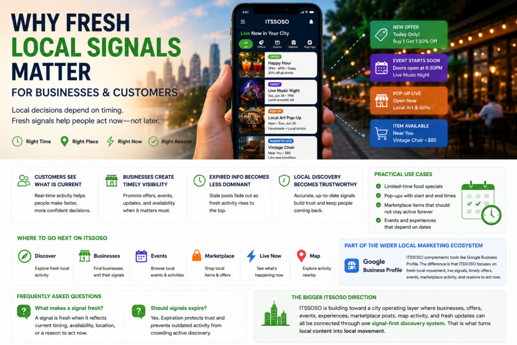 Fresh local signals helping businesses and customers discover current offers, events, pop-ups, marketplace items, and nearby activity.