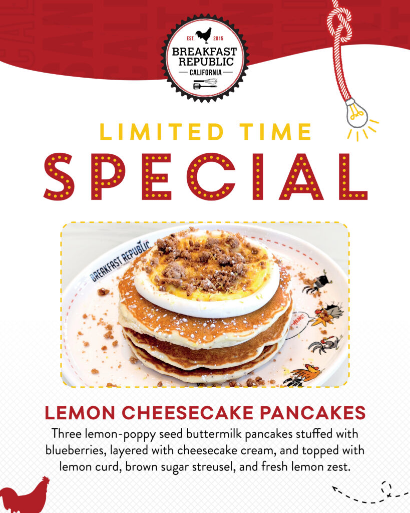 Lemon Cheesecake Pancakes at Breakfast Republic